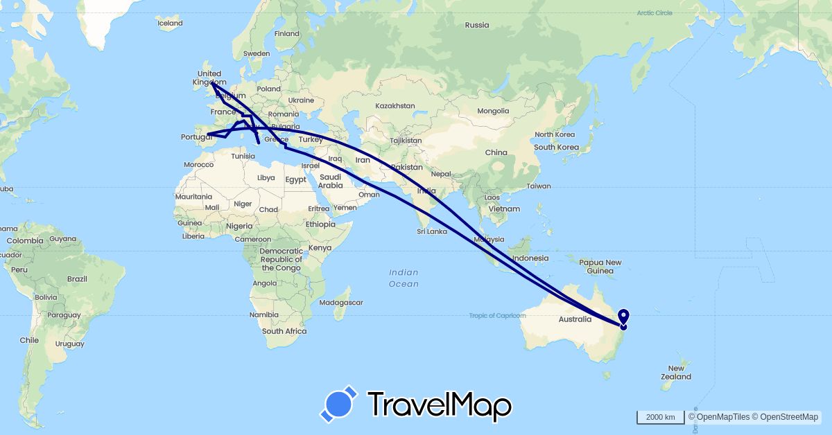 TravelMap itinerary: driving in United Arab Emirates, Australia, Spain, France, United Kingdom, Greece, Italy, Monaco, Singapore (Asia, Europe, Oceania)